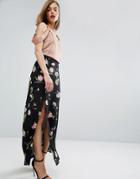 Asos Maxi Skirt In Floral Print With Splices - Black