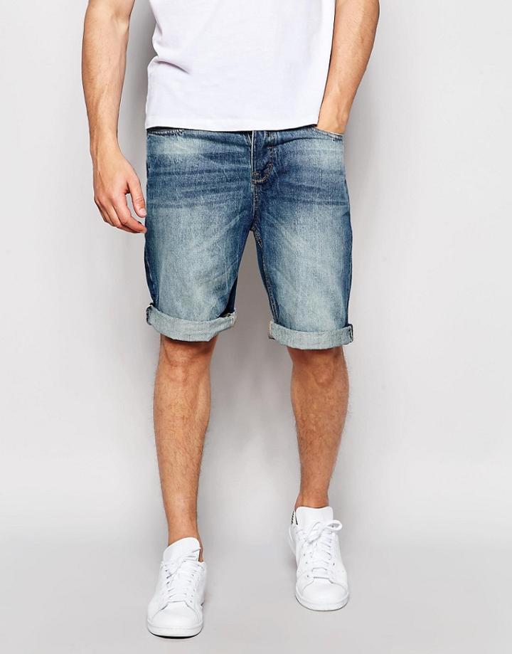 Pull & Bear Denim Shorts In Mid Blue - Blue