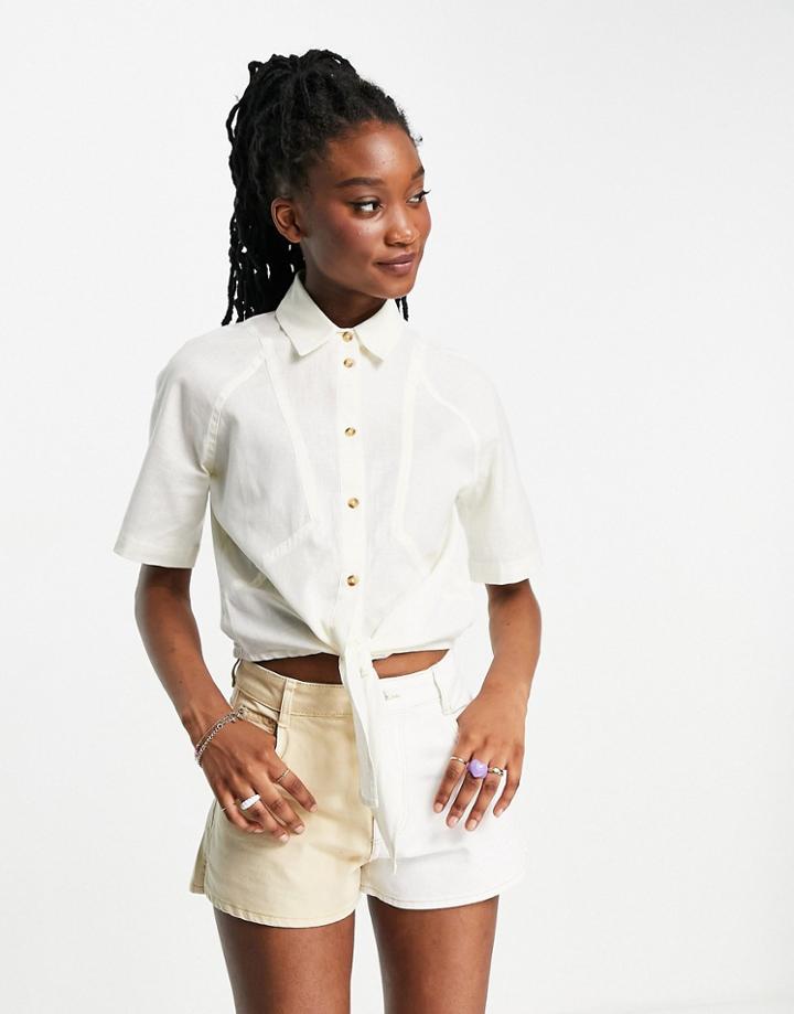 Asos Design Linen Short Sleeve Shirt With Tie Front In Ivory-white