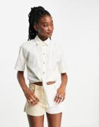Asos Design Linen Short Sleeve Shirt With Tie Front In Ivory-white