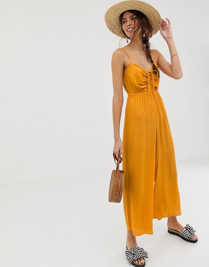 Asos Design Cami Jumpsuit With Gathered Bodice Detail-yellow