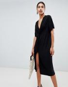 Asos Design Relaxed Midi Dress With Knot Front-black