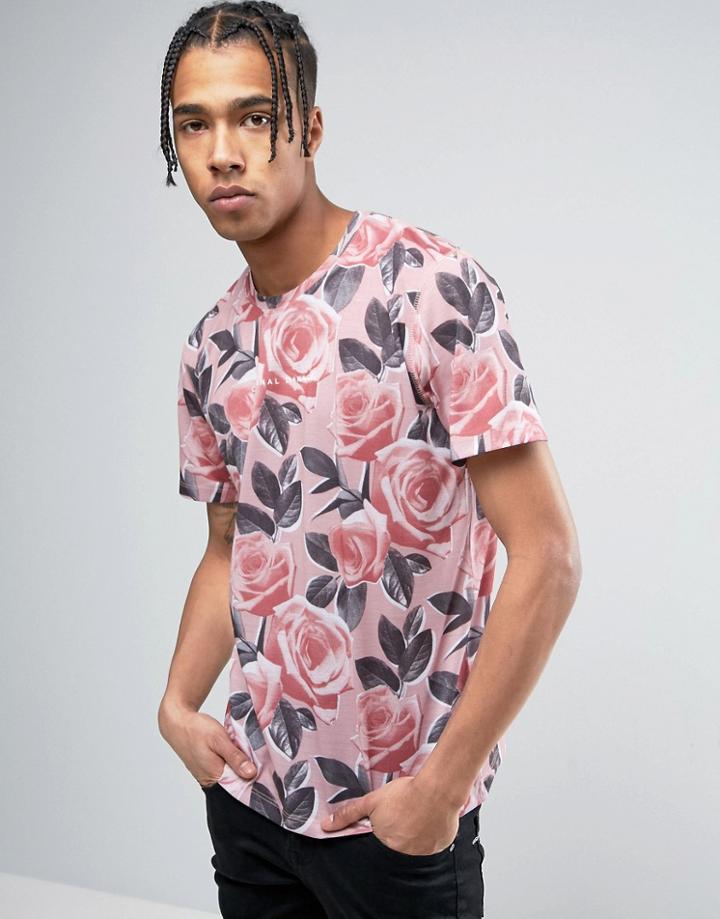 Criminal Damage T-shirt In Rose Print - Pink