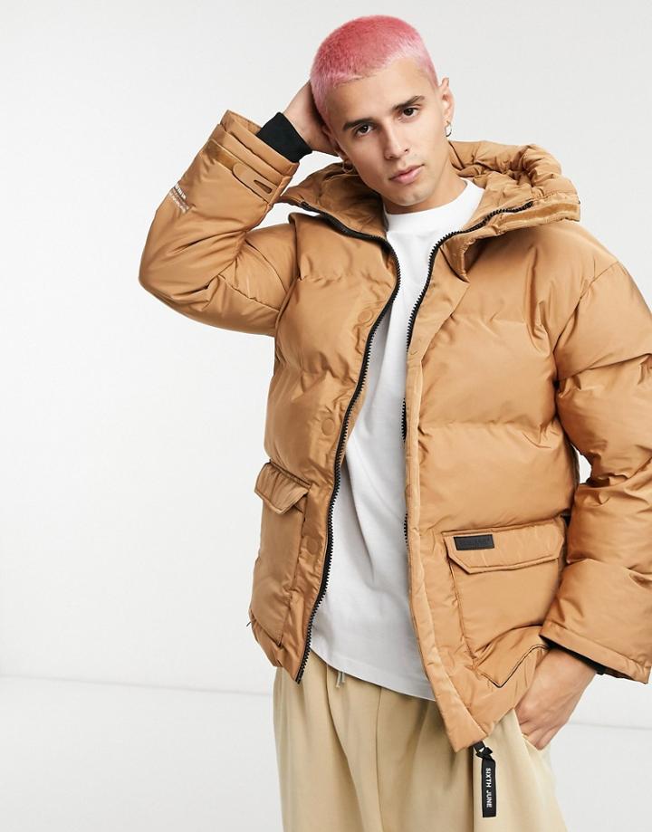Sixth June Oversized Puffer Jacket With Pocket Detail In Camel-brown