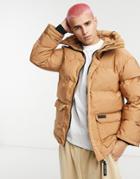 Sixth June Oversized Puffer Jacket With Pocket Detail In Camel-brown