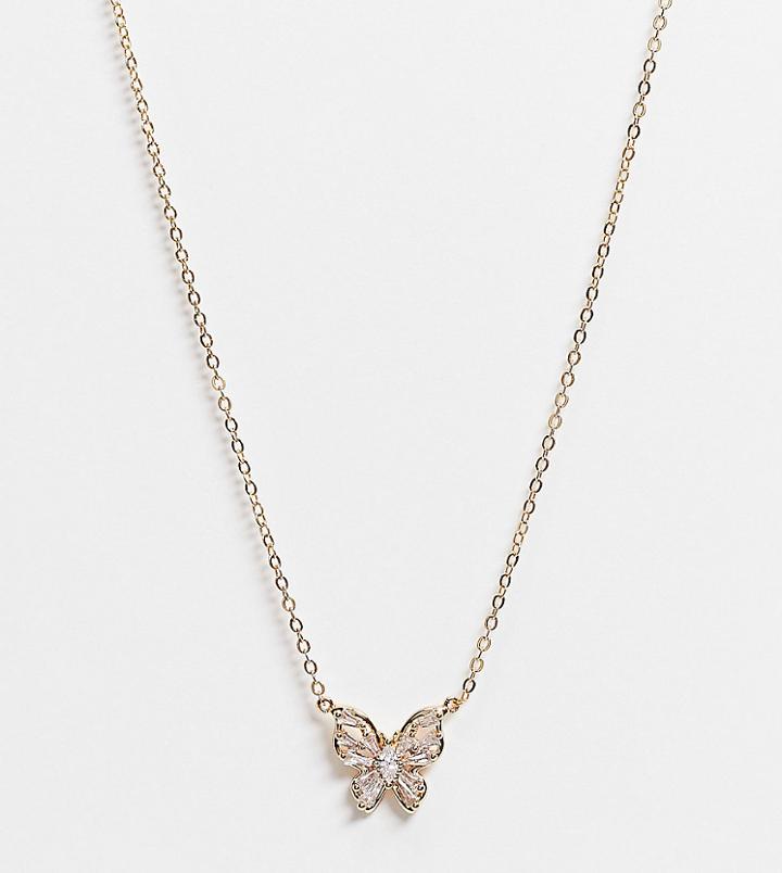 Asos Design 14k Gold Plated Necklace With Crystal Butterfly Pendant