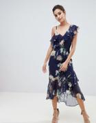 Hope & Ivy Floral Layered Shoulder Dress With Ruffle Asymetric Hem - Navy