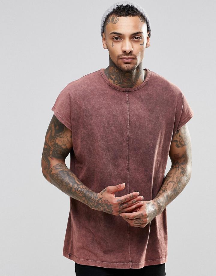 Asos Oversized Sleeveless T-shirt In Acid Wash Rust - Rust