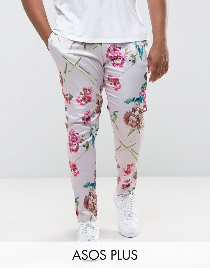 Asos Plus Super Skinny Smart Pants In Pink Floral Print - Pink