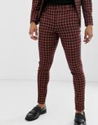 Asos Design Super Skinny Suit Pants In Brushed Navy And Orange Check