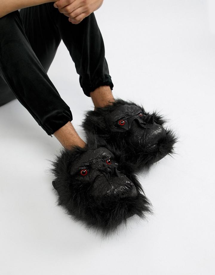 Loungeable Gorilla Slippers In Faux Leather - Black