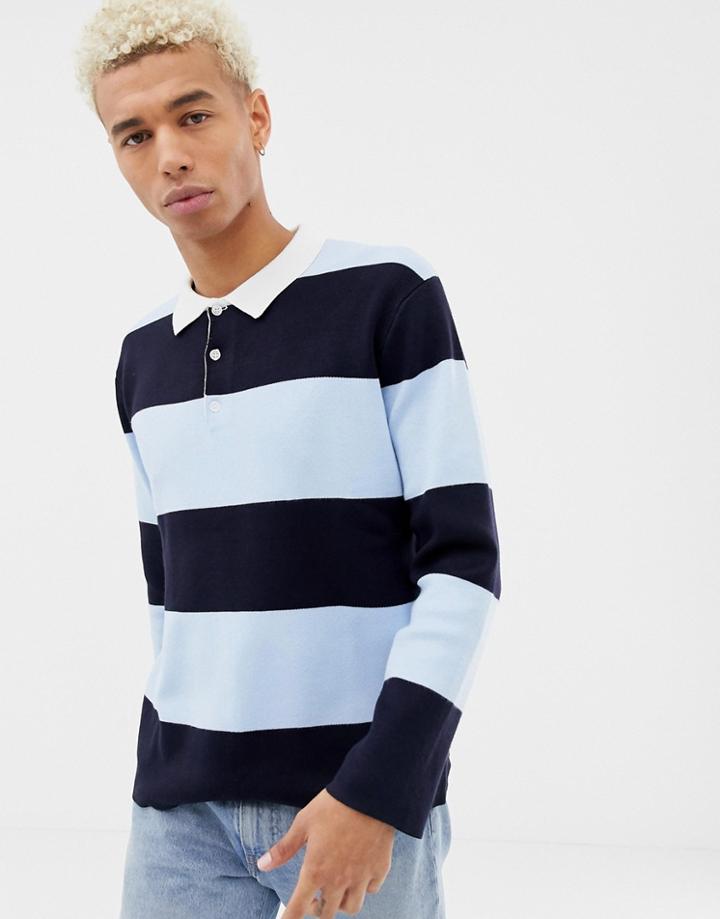 Pull & Bear Rugby Shirt In Blue Stripe - Blue