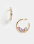 Asos Design Hoop Earrings With Pink Crystal Inlay In Gold Tone