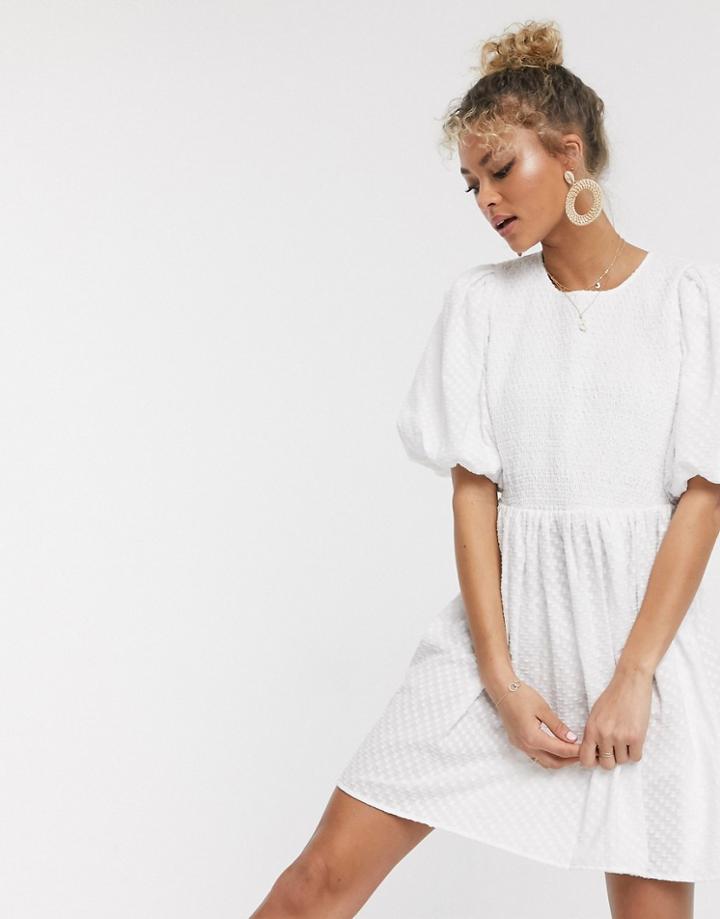 Asos Design Shirred Mini Smock Dress With Puff Sleeves In Texture In White