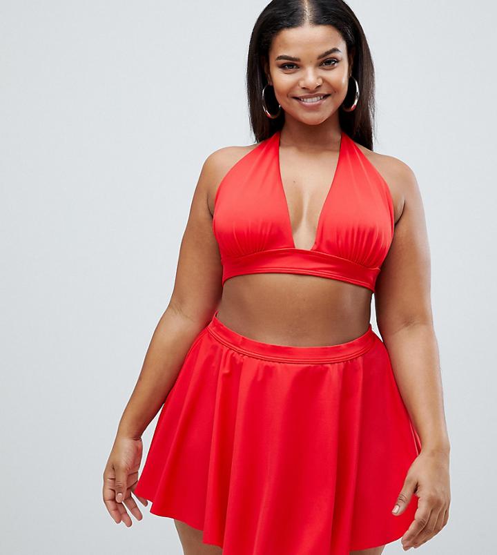 Asos Design Curve Recycled Supportive Skirted High Waist Bikini Bottom In Red - Red