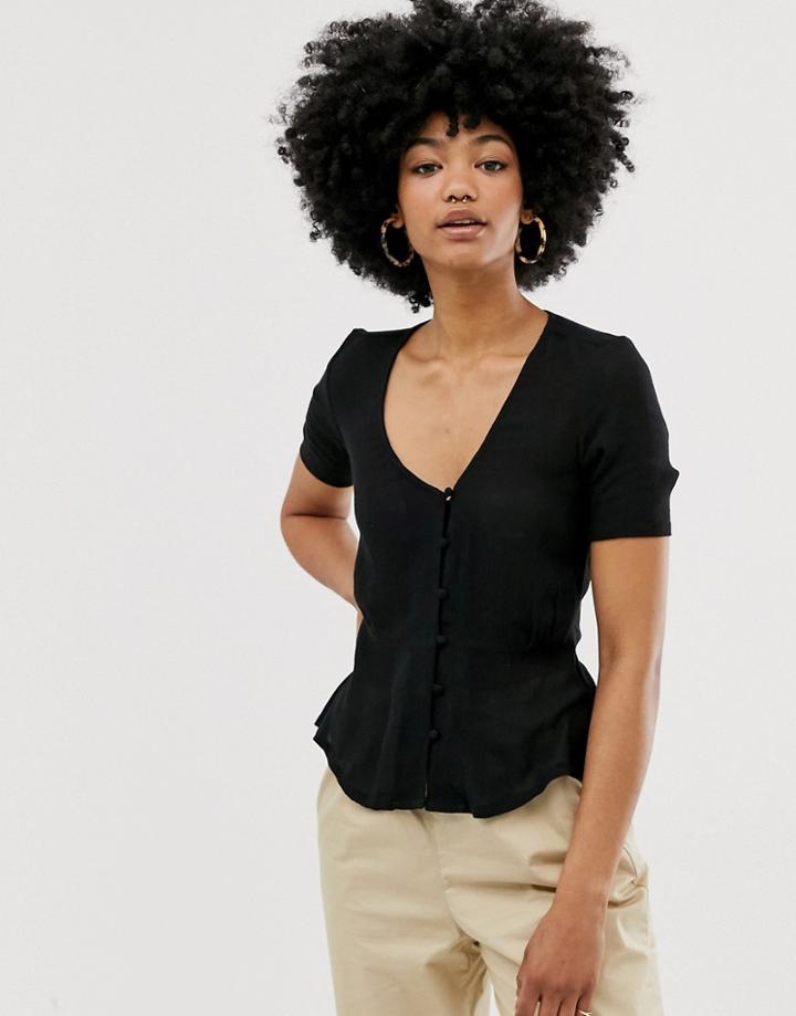 Monki Button Through V-neck Blouse In Black