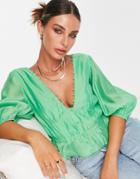 Asos Design Elastic Waist Blouse With Peplum Hem & Button Detail In Green