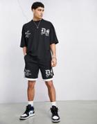 Asos Dark Future Relaxed Short With Gothic Logo Text Print And Embroidery In Black - Part Of A Set