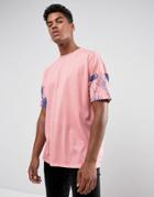 Asos Oversized T-shirt With Palm Print Sleeves In Pink - Pink