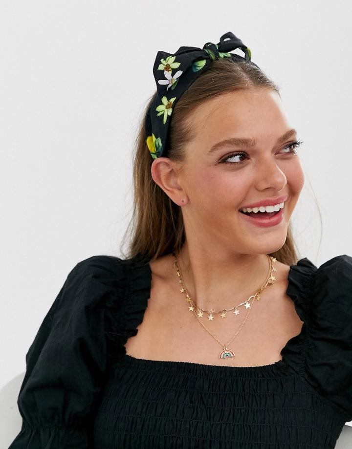 Asos Design Headband With Bow Front In Spot And Lemon Print-multi