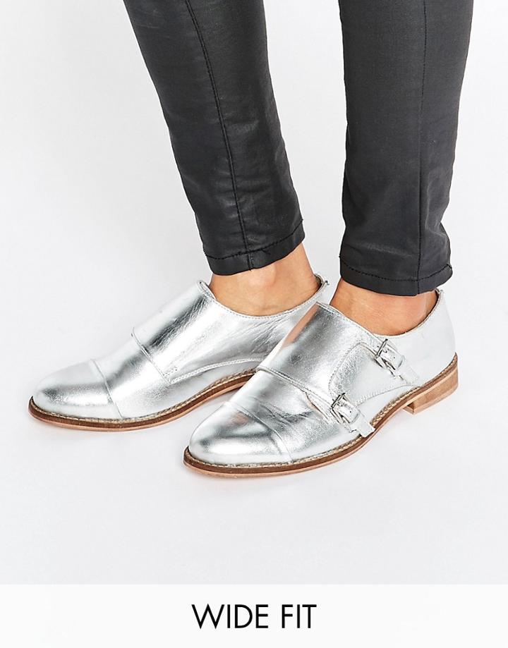 Asos Michaela Wide Fit Leather Flat Shoes - Silver