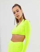 Fashionkilla Long Sleeve Crop Top With Collar Detail In Neon Yellow - Yellow
