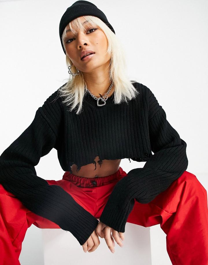 Weekday Torn Recycled Bolero Cropped Knit Sweater In Black - Part Of A Set
