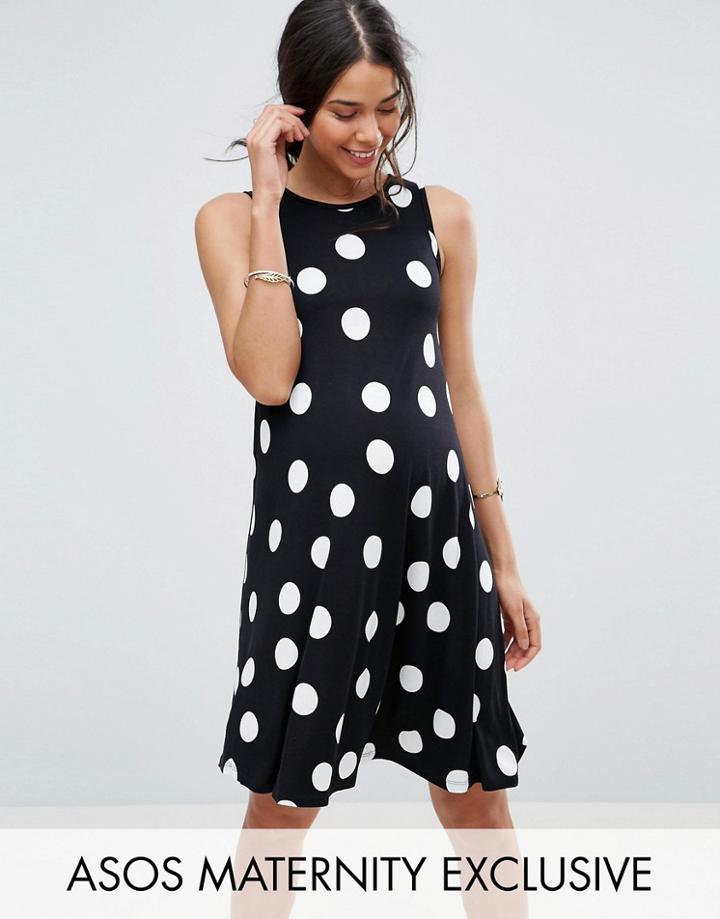 Asos Maternity Sleeveless Swing Dress In Polka Dot - Black