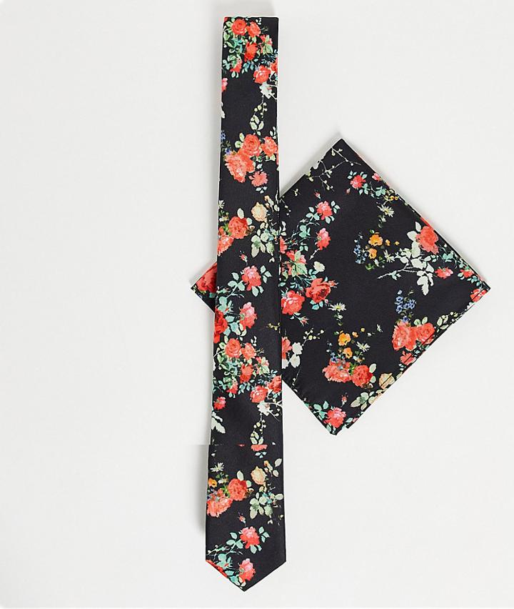 Asos Design Slim Black Based Floral & Pocket Square