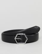 Asos Design Smart Slim Faux Leather Belt In Black With Hexagon Buckle - Black