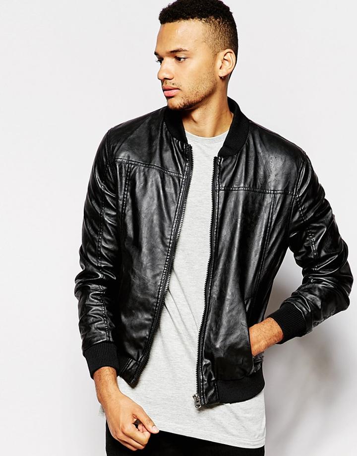 Barneys Faux Leather Bomber Jacket - Black