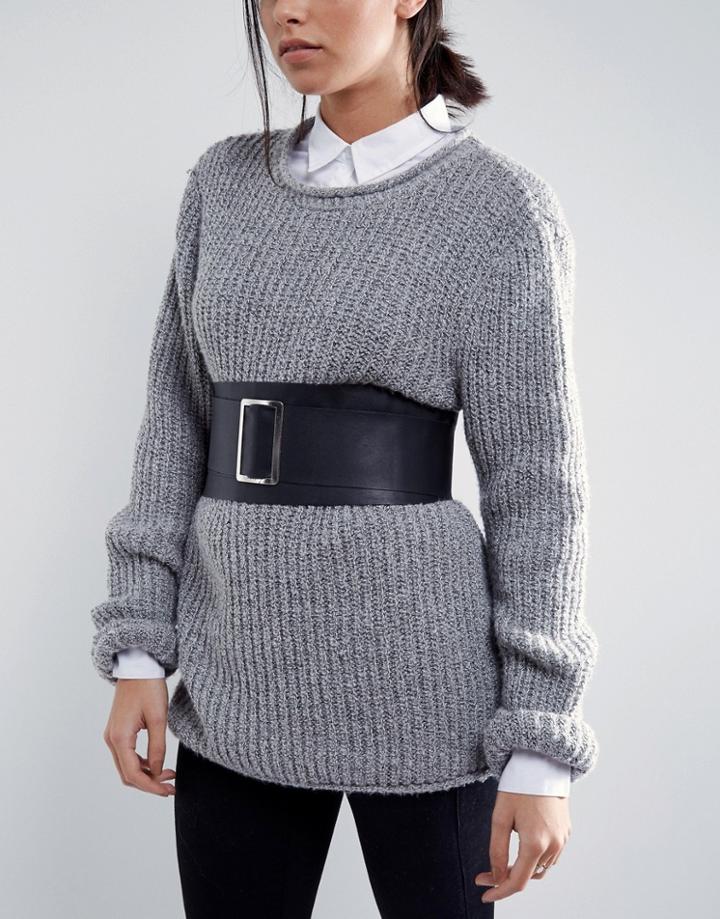 Asos Leather Soft Obi Belt With Oversized Buckle - Black