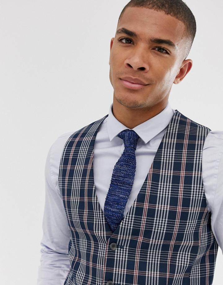 Asos Design Wedding Skinny Suit Vest In Navy Plaid Check - Navy