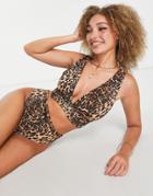 Asos Design Fuller Bust Mix And Match Rib Deep Plunge Bikini Top In Leopard Print-multi