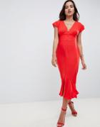 Asos Design Button Through Pephem Midi Tea Dress With Bow Back - Red