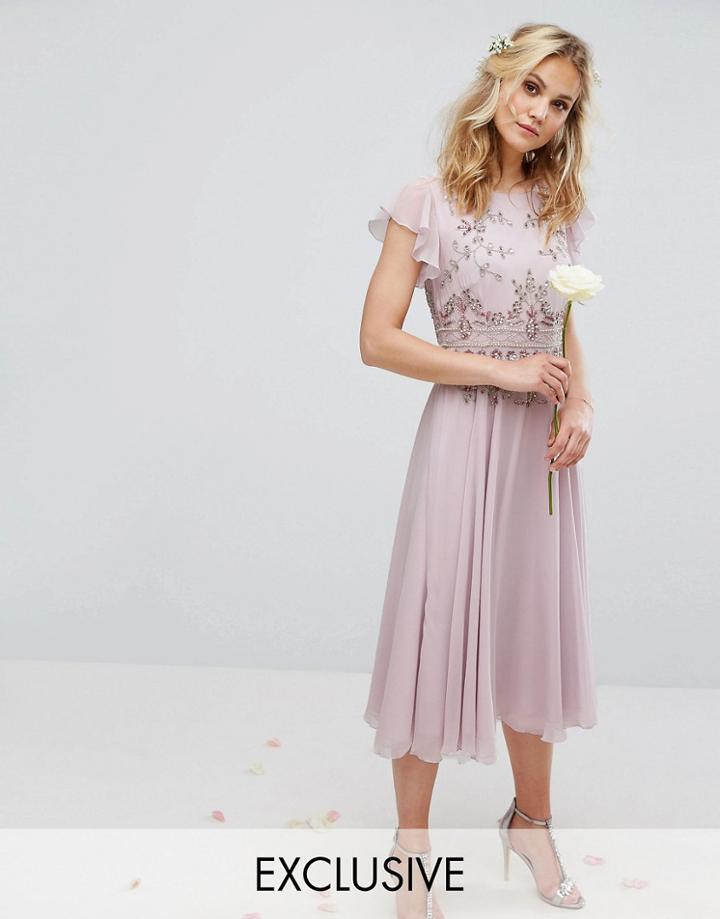 Maya Midi Dress With Lace Embellishment And Circle Skirt In Chiffon - Purple
