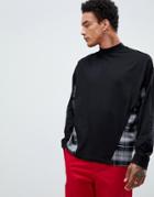 Asos Design Oversized Long Sleeve T-shirt With Woven Check Panels And Turtleneck-black