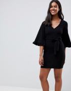 Asos Design Kimono Frill Sleeve Mini Dress - Black