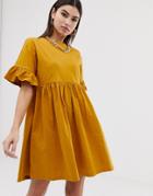 Asos Design Cotton Slubby Frill Sleeve Smock Dress - Yellow