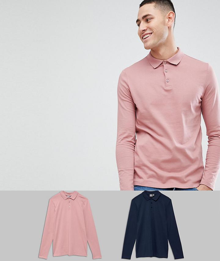 Asos Design Long Sleeve Polo In Jersey 2 Pack Save - Multi