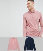 Asos Design Long Sleeve Polo In Jersey 2 Pack Save - Multi