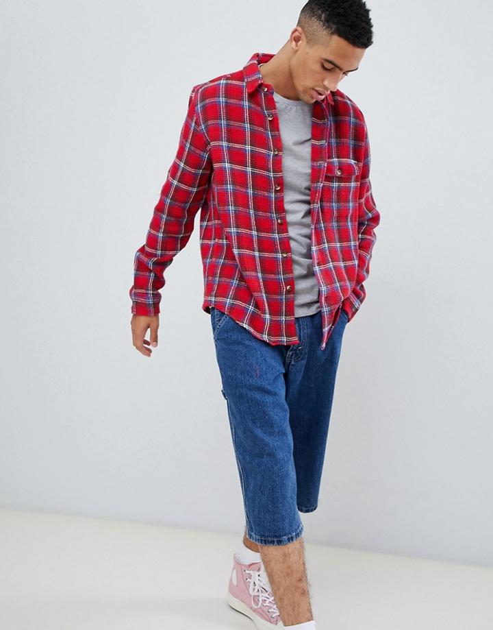 Asos Design Check Over Shirt With Textured Fabric - Red