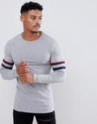 Asos Design Organic Muscle Longline Long Sleeve T-shirt With Contrast Sleeve Stripe In Gray Marl