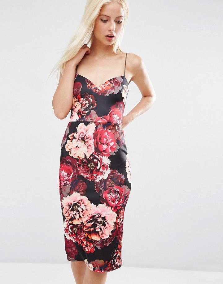 Asos Deep Plunge Scuba Strappy Bright Floral Midi Pencil Dress - Multi