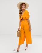Asos Design Tea Jumpsuit With Puff Sleeve And Tie Detail - Yellow