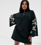 Asos Design Curve Zip Up Sweat Dress With Embroidered Dragon Sleeves-black