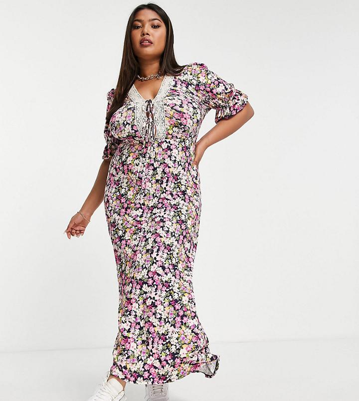 Asos Design Curve Lace Trim Midi Tea Dress In Pink Ditsy Floral