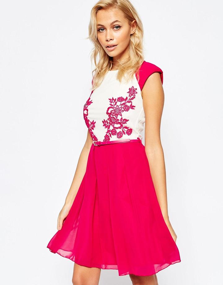 Little Mistress Belted Skater Dress With Lace Detail