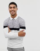 Asos Design Long Sleeve Polo Shirt In Slub Fabric With Contrast Body And Sleeve Panels In White