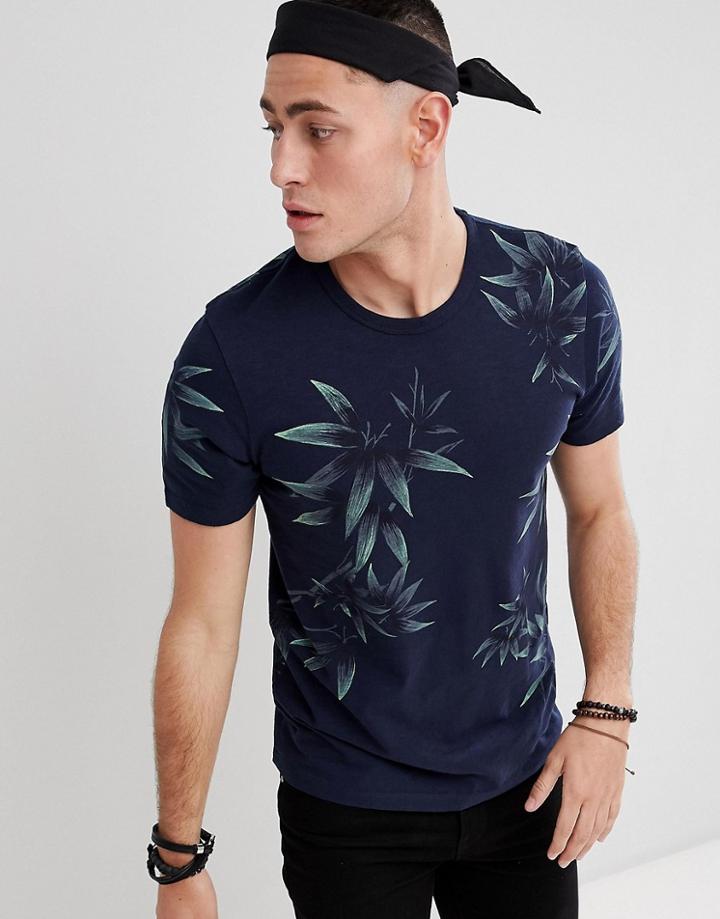 Jack & Jones Premium T-shirt With All Over Leaf Print - Navy